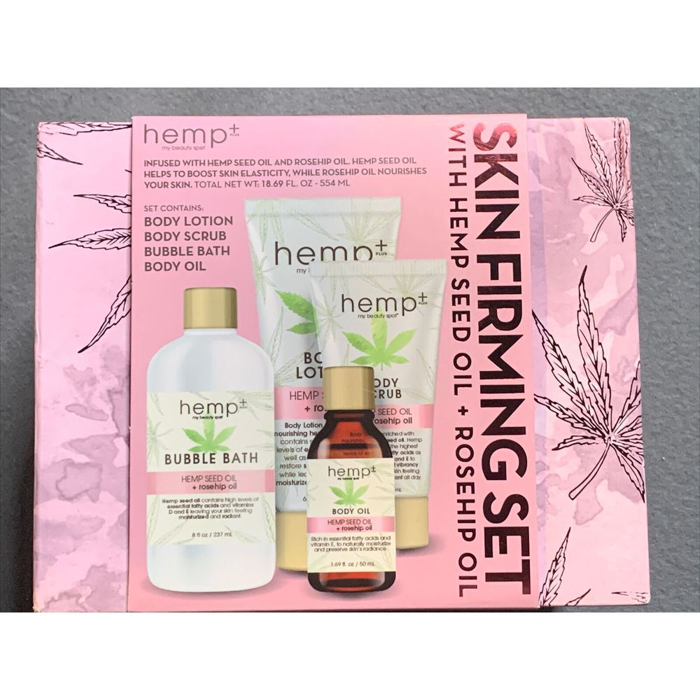 Hemp+ Skin Firming Set With Hemp Seed And Rosehip Oil Lotion Scrub Bath Oil 4pcs